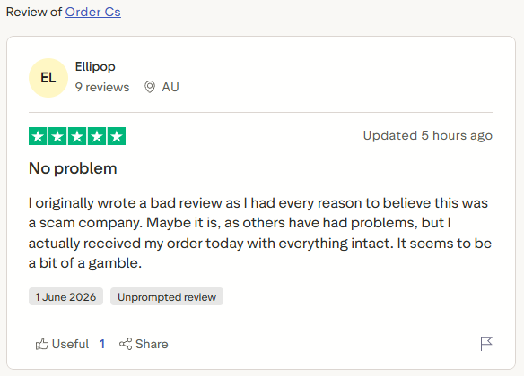 Trustpilot review by Ellipop for Order-CS