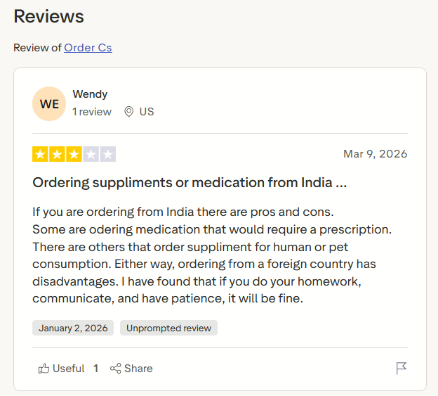 Trustpilot review by Wendy for Order-CS